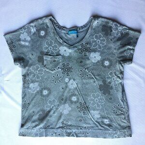 Fresh Produce Shirt Womens 1X Top Blouse Green Floral Flower Button Pocket